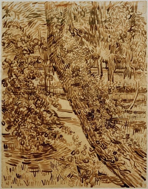 Vincent van Gogh, Baum mit Efeu im Garten der Heilanstalt (Garten und Park, Krankenhaus, Hausgarten, Hospital, Bäume, Zeichnung, Studie, Klassische Moderne, Impressionismus, Wohnzimmer, Treppenhaus, Wunschgröße,)
