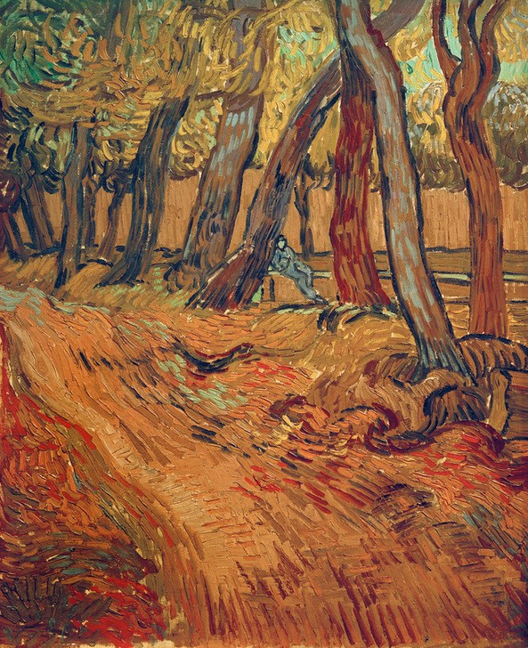 Vincent van Gogh, Weg im Garten der Heilanstalt (Garten, Bäume, Weg, Saint-Rémy, Hospital, Krankenhaus, mediterran, Klassische Moderne, Impressionismus, Wohnzimmer, Treppenhaus, Wunschgröße, bunt)
