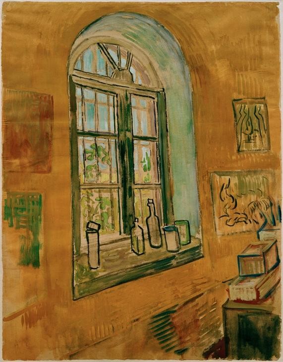 Vincent van Gogh, Atelierfenster (Atelier, Wand, Fenster, Architektur, Interieur, Gitter, Fenstergitter,Heilanstalt,  Klassische Moderne, Impressionismus, Wohnzimmer, Treppenhaus, Wunschgröße, bunt)