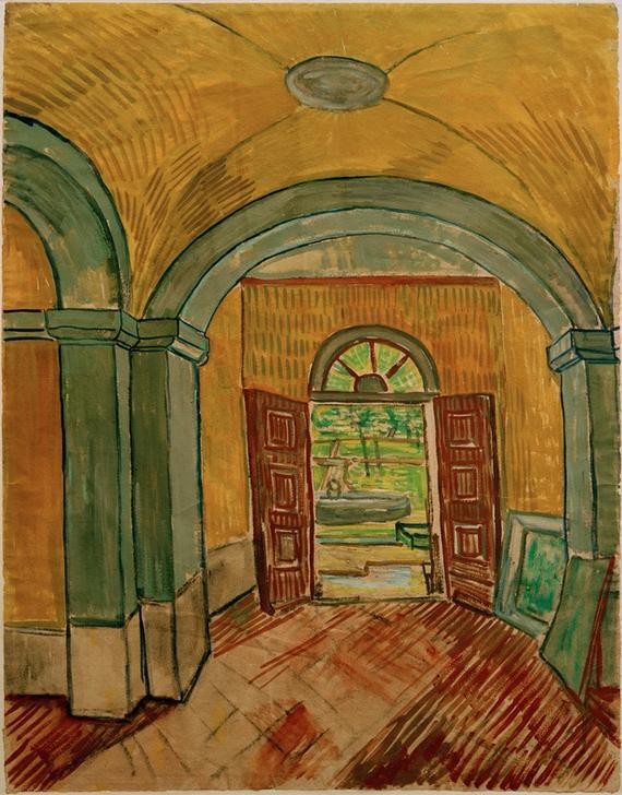 Vincent van Gogh, Vestibül in der Heilanstalt (Eingang, Tür, Raum, Mauern, Innenarchitektur, Heilanstalt,  Klassische Moderne, Impressionismus, Wohnzimmer, Treppenhaus, Wunschgröße, bunt)