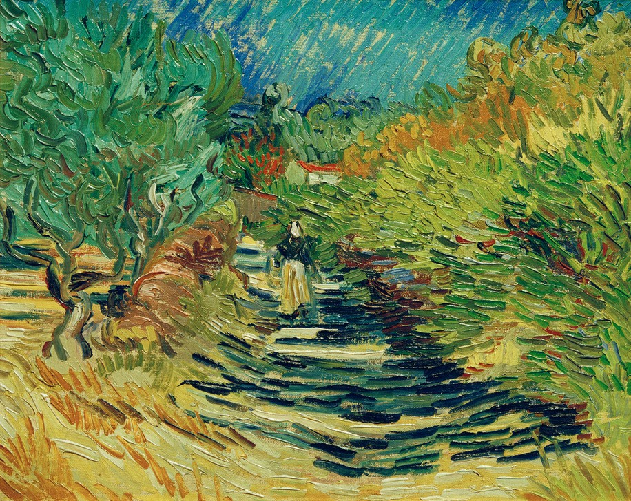 Vincent van Gogh, Weg in Saint-Rémy (Landschaft, Weg, Fußgängerin, Sonnenlicht, mediterran, Klassische Moderne, Impressionismus, Wohnzimmer, Treppenhaus, Wunschgröße, bunt)