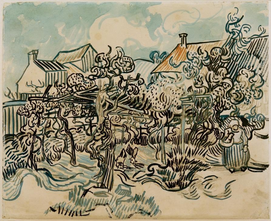 Vincent van Gogh, Alter Weingarten mit Bäuerin (Dorf, Weinanbau, Weingarten, Landwirtschaft, Bäuerin, Studie, mediterran, Klassische Moderne, Impressionismus, Wohnzimmer, Treppenhaus, Wunschgröße, bunt)