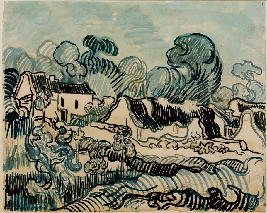 Vincent van Gogh, Landschaft mit Häusern (Bauernhaus, Dorf, Landschaft, Gärten, Bäume, Studie, Klassische Moderne, Impressionismus, Wohnzimmer, Treppenhaus, Wunschgröße, bunt)