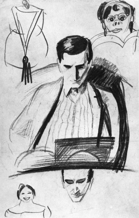 August Macke, Bildnis Franz Marc, Zeichnung (Maler (Künstler), Portrait, Person, Zeichnung, Studie, Gesichter, Klassische Moderne, Expressionismus, Treppenhaus, Wohnzimmer, Wunschgröße, schwarz/weiß)