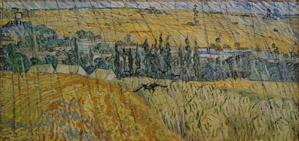 Vincent van Gogh, Auvers bei Regen (Landschaft, Wetter, Felder, Dorf,  Regen, mediterran, Klassische Moderne, Impressionismus, Wohnzimmer, Treppenhaus, Wunschgröße, bunt)