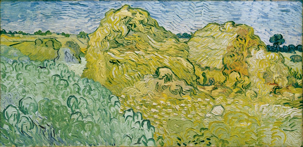 Vincent van Gogh, Feld mit Heuschobern (Ackerbau, Ernte, Getreideanbau, Landschaft, Weizen, Heu, Getreide, Feld, Landwirtschaft, Klassische Moderne, Impressionismus, Wohnzimmer, Treppenhaus, Wunschgröße, bunt)