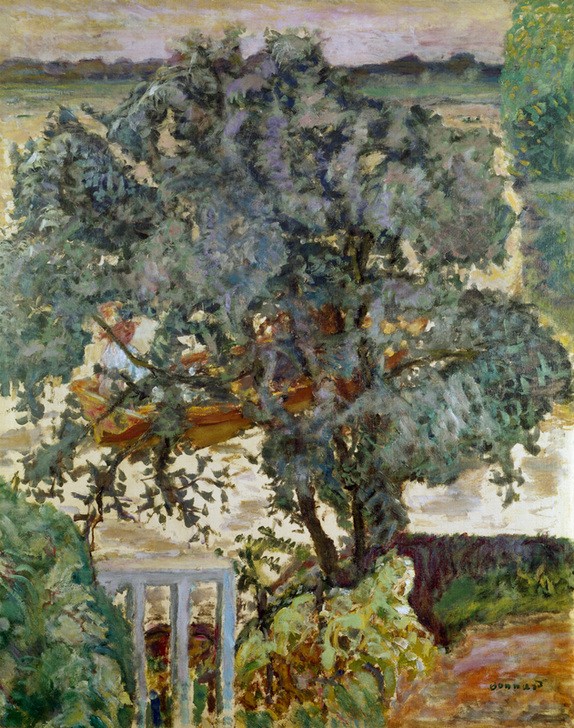 Pierre Bonnard, L’arbre près de la rivière (Baumblüte,Boot,Frau,Kunst,Landschaft,Impressionismus,Fluss,Baum,Französische Kunst,Nabis,Blüte,Jahrhundertwende)