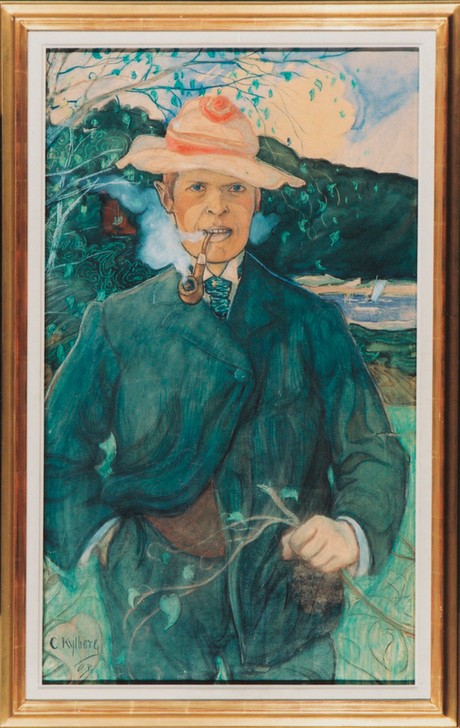 Carl Kylberg, Selbstbildnis Carl Kylberg (Portrait, Künstler, Anzug, Pfeife, Rauchen, Hut, Jugendstil, Klassiker, Wunschgröße, Wohnzimmer)