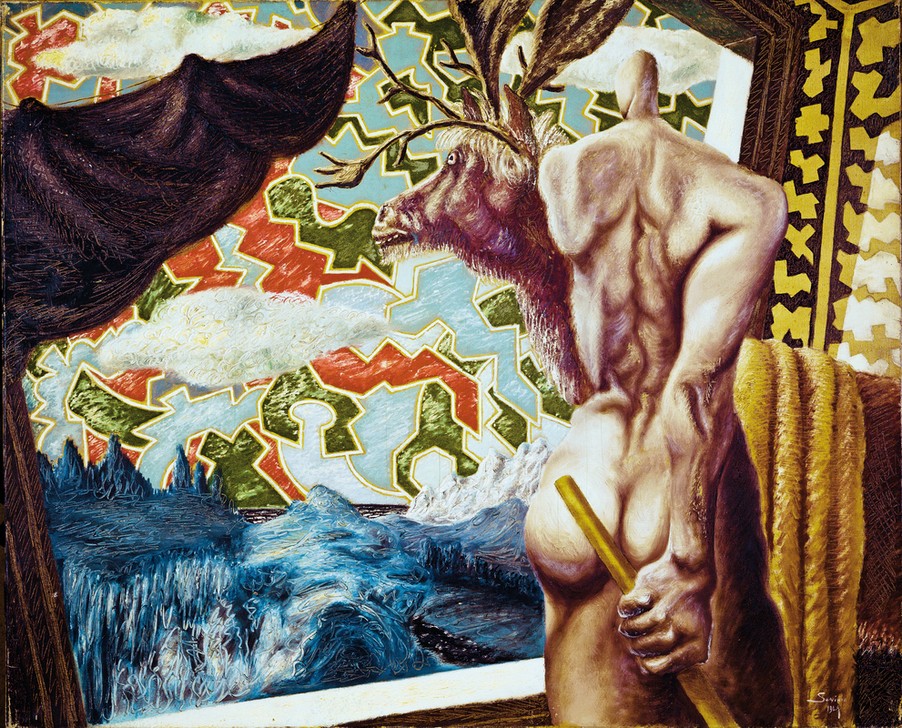 Alberto Savinio, Unbekannt (Vorhang, Bühne, Rückenakt, Muskeln, Mann, kleiner Kopf, Antropomorphismus,  Pittura metafisica, Klassische Moderne, Wunschgröße, Wohnzimmer)