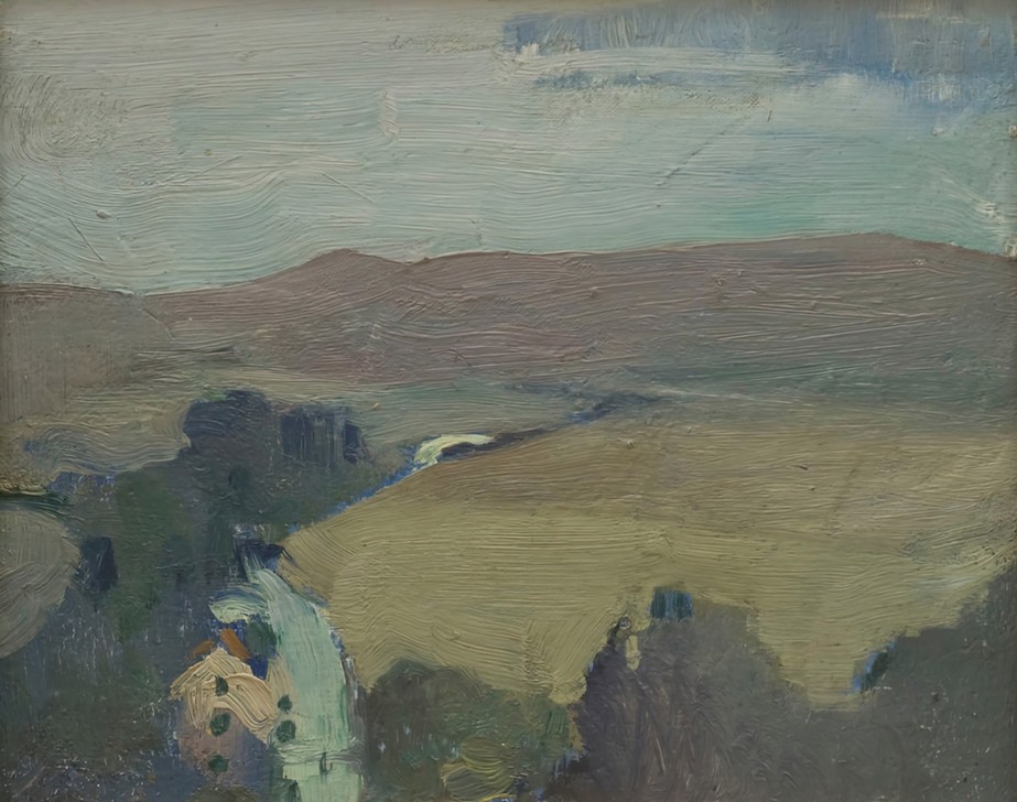 Arthur Beecher Carles, Herbst (Landschaft, Panorama, Hügel, Feder, Haus, Fluss, Expressionismus, klassische Moderne, Wunschgröße, Wohnzimmer,)