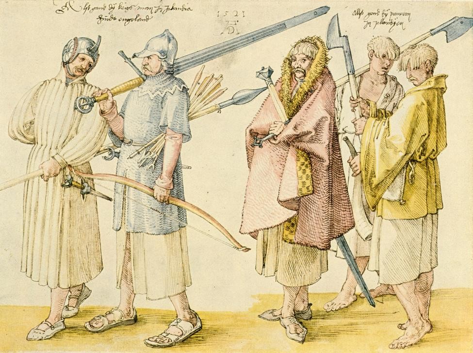 Albrecht Dürer, Irische Kriegsleute und Bauern (Bauer (Landwirt),Geschichte,Militär,Pfeil,Schwert,Soldat,Waffe,Autograph,Bogen (Waffe),Landwirtschaft)