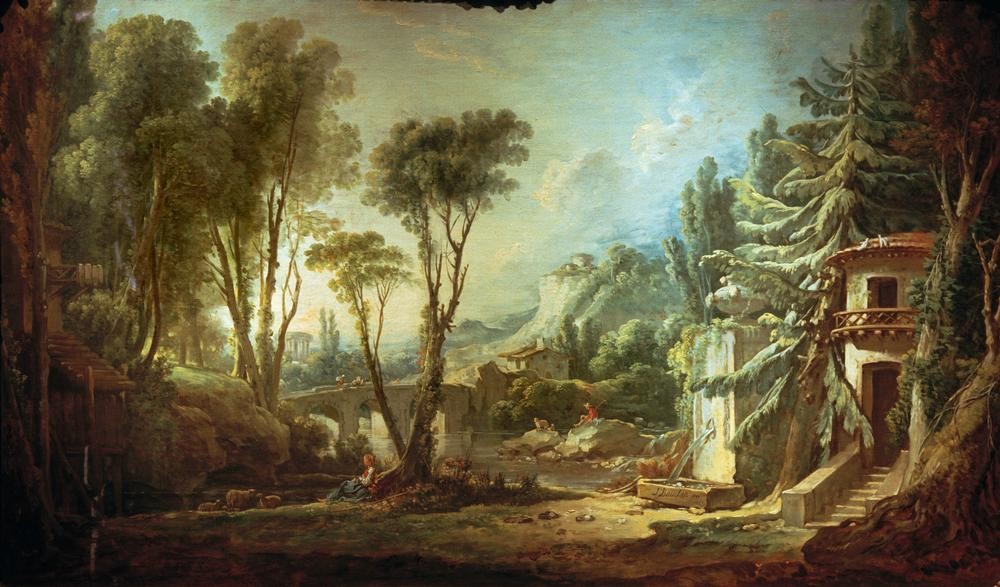 Francois Boucher, Hirtenlandschaft (Landschaft, Schafzucht, Brunnen, Wald, Hirten, Idylle,  Ideale Landschaft, Arkadien, Hirtin, Schäfer, Rokoko,   Klassiker, Wunschgröße, Wohnzimmer, Malerei, bunt)