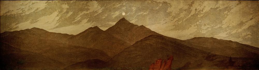 Caspar David Friedrich, Mond über dem Riesengebirge (Deutsche Kunst,Gebirge,Himmel (Natur),Kunst,Landschaft,Mond,Tageszeiten,Nacht,Panorama,Vollmond,Romantik)