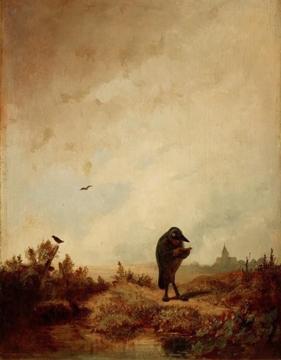 Carl Spitzweg, Der Rabe (Deutsche Kunst,Kunst,Landschaft,Vogel,Zoologie,Rabe,Biedermeier,Tier In Menschenrolle,Anthropomorphismus,Kleidung (Allgemein),Tier,Vermenschlichung)