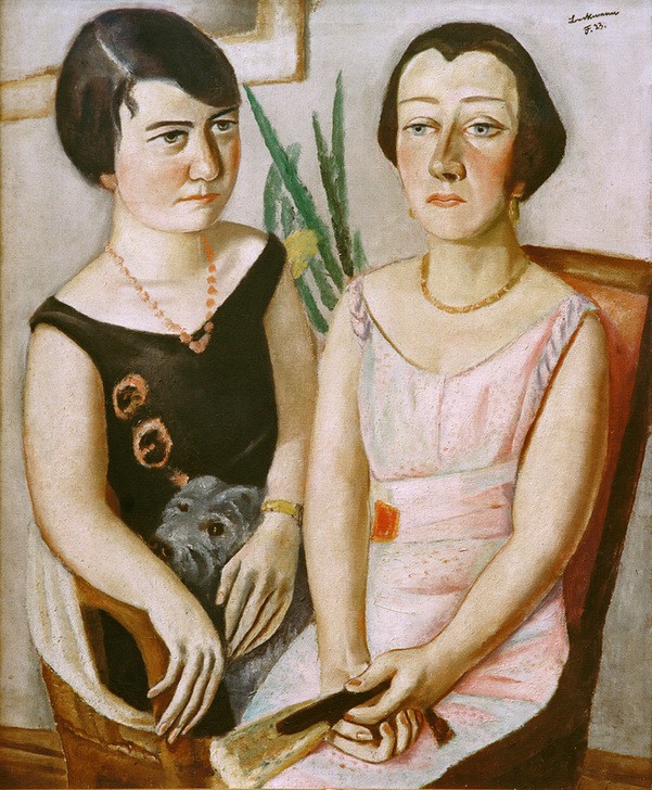 Max Beckmann, Doppelbildnis (Bildnise, Portraits, Damen, Eleganz, Schoßhündchen, Fächer, Klassische Moderne, Malerei, Expressionismus, Mensch und Gesellschaft, Wunschgröße, Wohnzimmer, bunt)