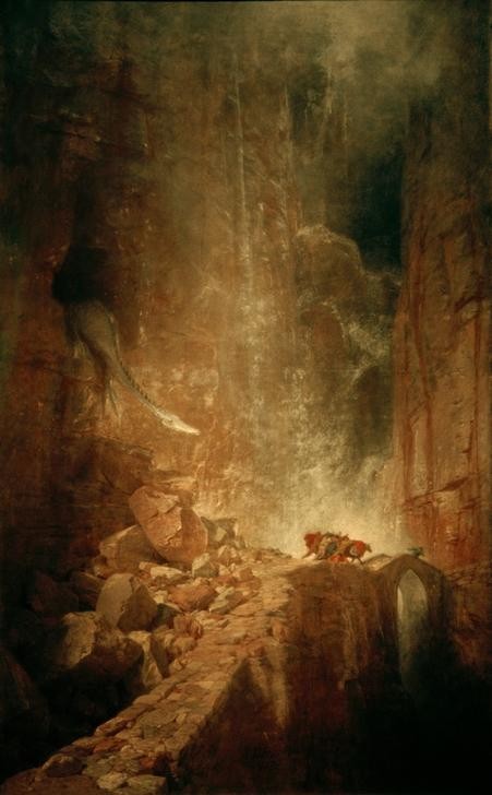 Arnold Böcklin, Ein Drache in einer Felsenschlucht (Brücke, Gebirge, Sage, Mythologie, Fabelwesen, Flucht, Legende, Schlucht, Felsen, Fabel, Drache, Symbolismus, Wunschgröße, Klassiker, Wohnzimmer, bunt)