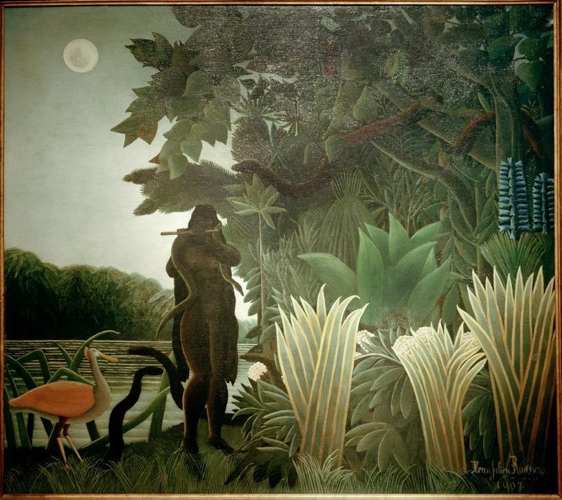 Henri Rousseau, Die Schlangenbeschwörerin (Dschungel, Bäume, Flötenspieler, Schlange, Schlangenbeschwörer, mystisch, Naive Malerei, magischer Realismus, Wohnzimmer, Treppenhaus, Wunschgröße, klassische Moderne, Malerei, bunt)