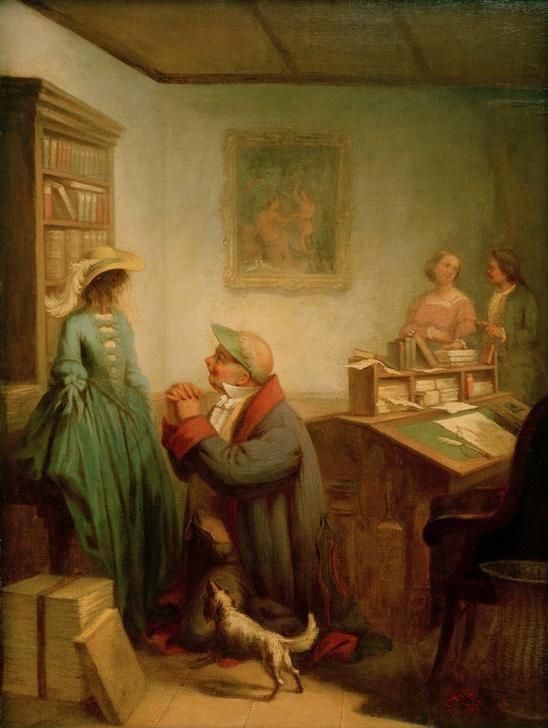 Carl Spitzweg, Die Angebetete (Deutsche Kunst,Beamter,Junggeselle,Karikatur,Kunst,Liebe,Liebe Und Ehe,Mann,Mensch,Biedermeier,Hund,Heiratsantrag,Liebeserklärung,Kniefall,Genre,Schreibpult,Haustier,Augenschirm,Kurzsichtigkeit,Standesamt,Verwechslung,Schaufensterpuppe,Anhimmeln,Bürokrat,)