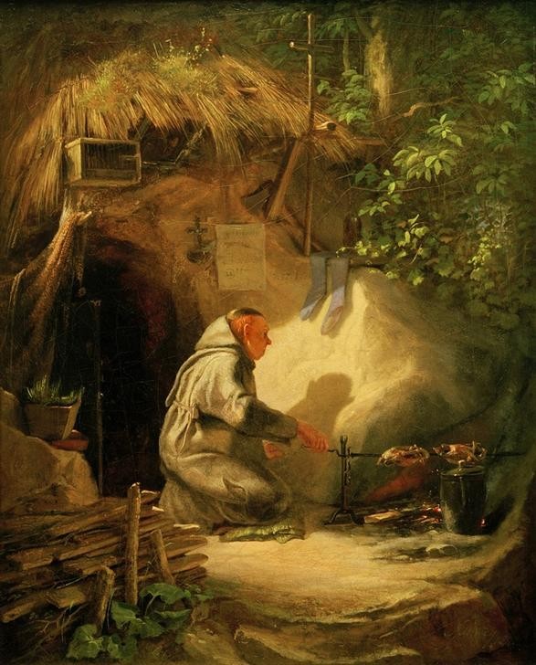 Carl Spitzweg, Eremit, Hühnchen bratend (Christentum,Deutsche Kunst,Essen Und Trinken,Kirche,Kunst,Mann,Religion,Nahrungsmittel,Biedermeier,Geflügel,Eremit,Bratspiess,Einsamkeit,Genre,Einsiedelei,Braten,Brathähnchen,Nahrungszubereitung,Weltflucht,Höhlenwohnung)