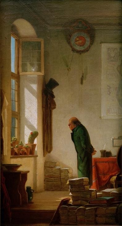 Carl Spitzweg, Der Kaktusliebhaber (Arbeit,Beamte,Deutsche Kunst,Gesellschaft,Beamter,Kaktus,Kunst,Mann,Uhr,Biedermeier,Hobby,Interieur,Topfpflanze,Genre,Papier,Zimmerpflanze,Wanduhr,Betrachten,Nichtstun,Waschschüssel,Kanzlei (Advokat),Naturverbundenheit,Stapel,Büro)