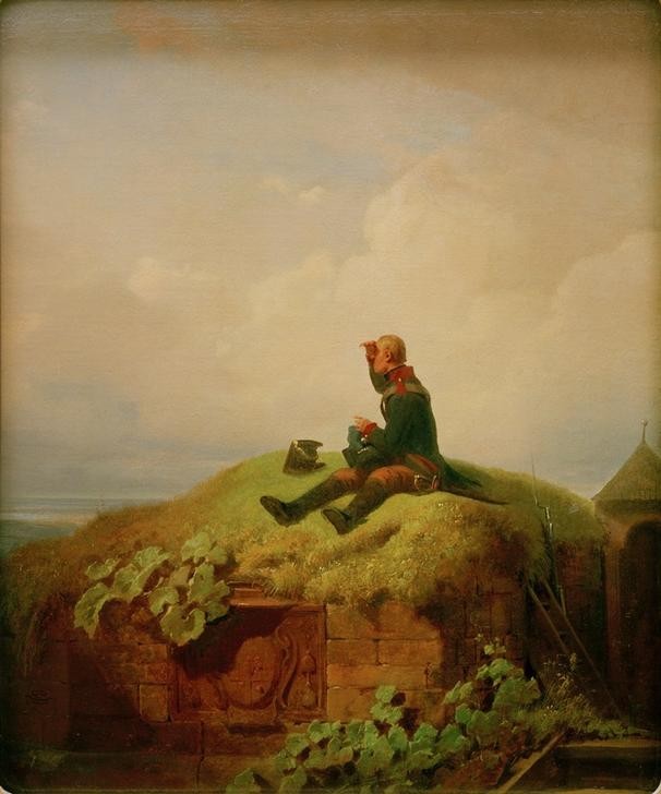 Carl Spitzweg, Es war einmal (Der strickende Wachposten) (Deutsche Kunst,Festung,Gewehr,Handarbeit,Kunst,Landschaft,Mann,Militär,Soldat,Waffe,Stricken,Biedermeier,Wachtposten,Langeweile,Genre,Wache,Strickzeug,Soldatenleben,Ausblick,Aussicht)