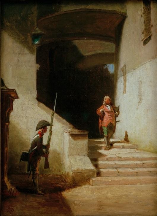 Carl Spitzweg, Serenissimus (Er kommt) (Architektur,Deutsche Kunst,Gewehr,Kunst,Mann,Militär,Soldat,Stadt,Waffe,Biedermeier,Wachtposten,Genre,Wache,Soldatenleben,Durchgang)