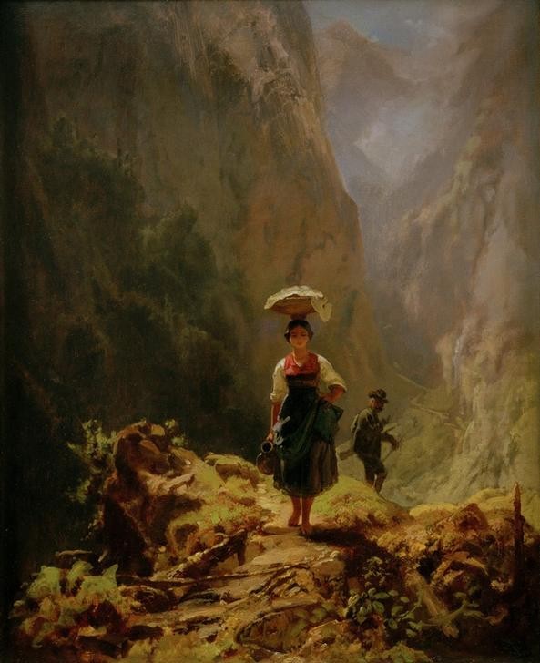 Carl Spitzweg, Dirndl und Jäger im Gebirge (Deutsche Kunst,Frau,Gebirge,Jäger,Kunst,Landschaft,Volkskunde,Biedermeier,Schlucht,Bäuerin,Johannistrieb,Genre,Sennerin,Auf Dem Kopf Tragen,Land Und Leute)