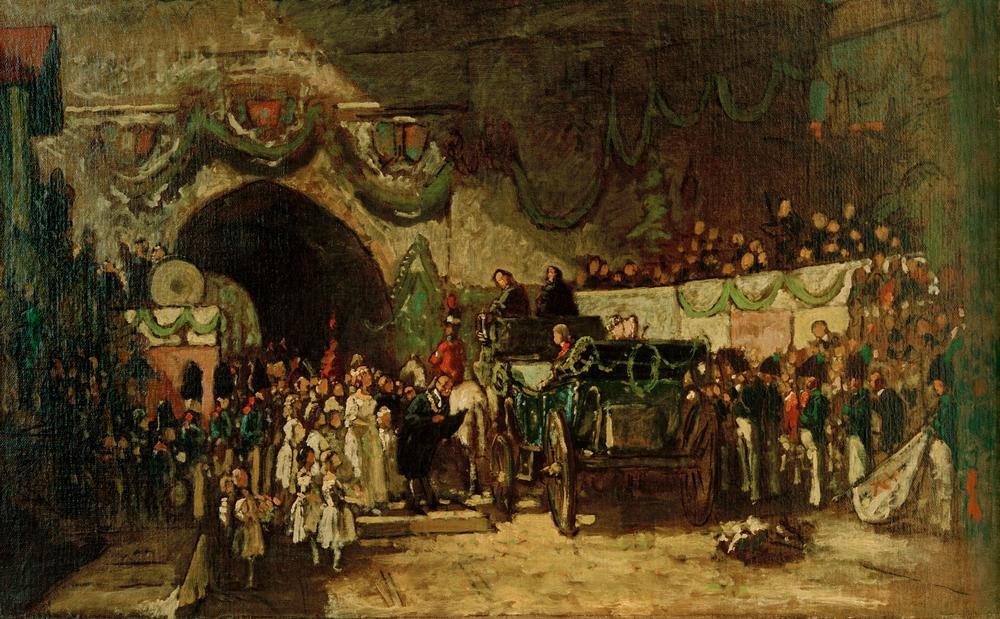 Carl Spitzweg, Serenissimi Ankunft (Besuch,Deutsche Kunst,Fürst,Geschichte,Kutsche,Kunst,Szene,Biedermeier,Begrüssung,Höfische Gesellschaft,Staatsbesuch,Festdekoration,Ankunft,Genre,Empfang,Gute Alte Zeit,Kleinstaaterei)