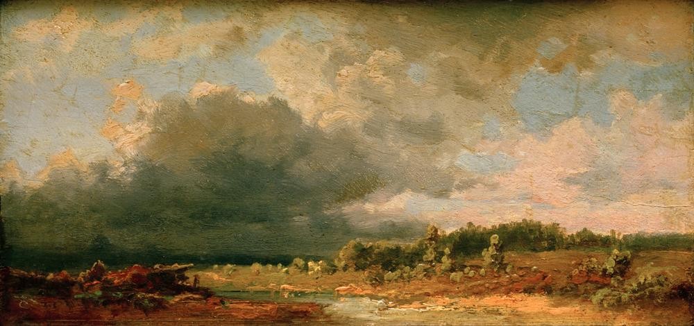 Carl Spitzweg, Voralpenlandschaft (Motiv an der Amper) (Deutsche Kunst,Himmel (Natur),Kunst,Landschaft,Meteorologie,Wolke,Biedermeier,Fluss,Nimbus (Wolke))