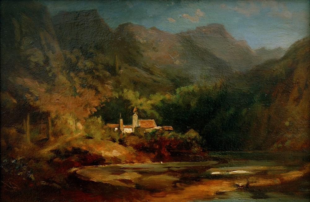 Carl Spitzweg, Dorf an einem See im Gebirgstal (Deutsche Kunst,Dorfkirche,Dorf,Gebirge,Kirche,Kunst,Landschaft,See,Biedermeier,Tal)