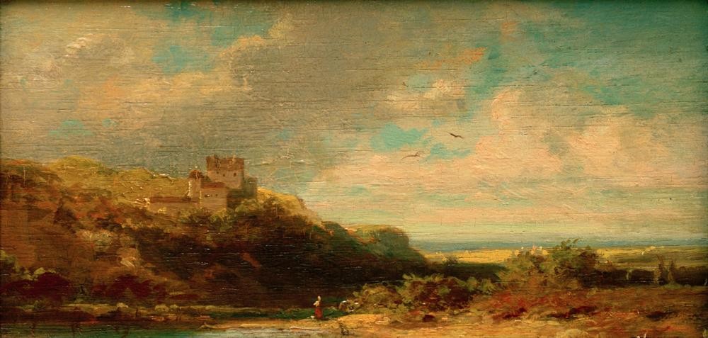 Carl Spitzweg, Landschaft mit Flusstal und Burg (Burg (Bauwerk),Deutsche Kunst,Himmel (Natur),Kunst,Landschaft,Meteorologie,Wolke,Biedermeier,Fluss)