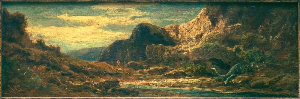 Carl Spitzweg, Felsenlandschaft mit Drachen (Deutsche Kunst,Gebirge,Gewässer,Sage,Kunst,Landschaft,Mythologie,Saurier,Fabelwesen,Legende,Felsen,Tier,Ausgestorbene Tiere,Drache (Fabelwesen))