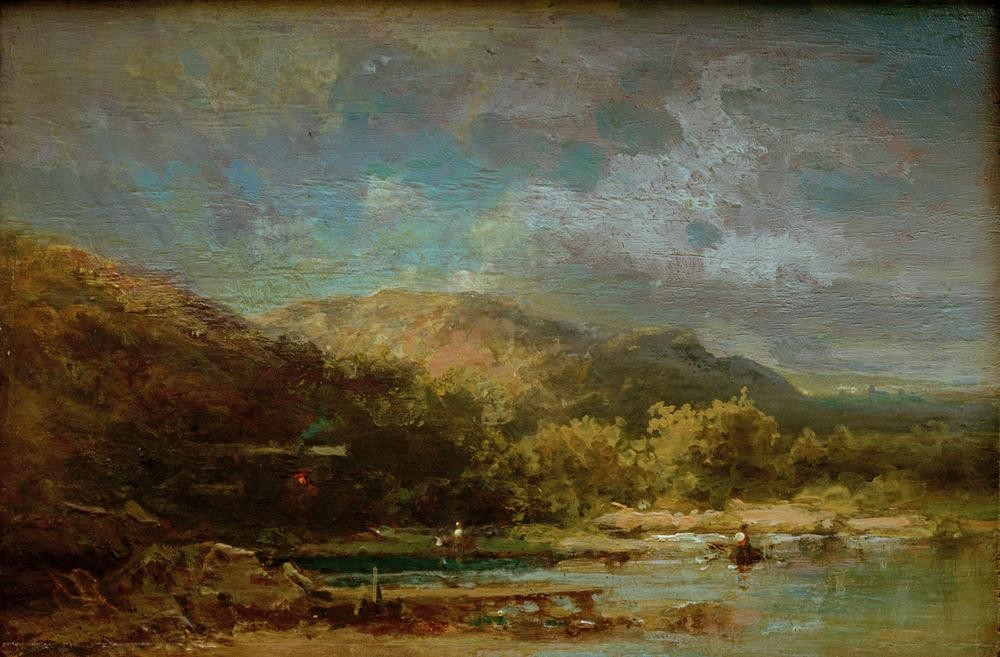 Carl Spitzweg, Hütte am See mit Figuren (Deutsche Kunst,Himmel (Natur),Kunst,Landschaft,Mensch,Meteorologie,Wolke,Hütte,See,Ufer)