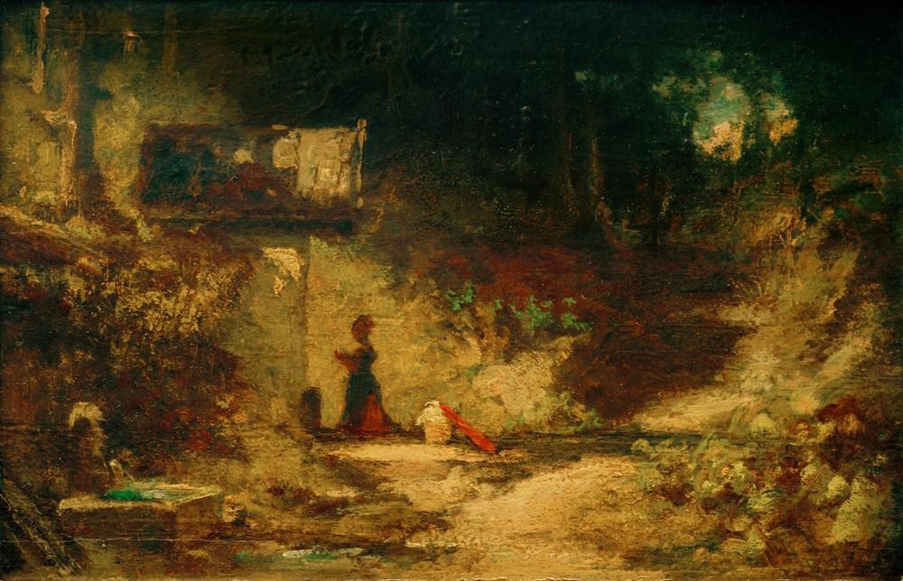 Carl Spitzweg, Vor der Waldkapelle (Bildstock,Christentum,Deutsche Kunst,Gebet,Kunst,Landschaft,Mädchen,Religion,Brunnen,Wald,Biedermeier,Genre,Landleben,Frömmigkeit,Knien,Naturverbundenheit,Kapelle (Kirche))