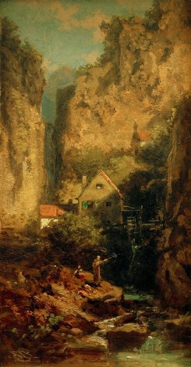 Carl Spitzweg, Der Forellenangler (Angeln (Sport),Deutsche Kunst,Fischerei,Gebirge,Kunst,Landschaft,Mensch,Mühle,Wassermühle,Schlucht,Bach,Fischfang,Signatur)