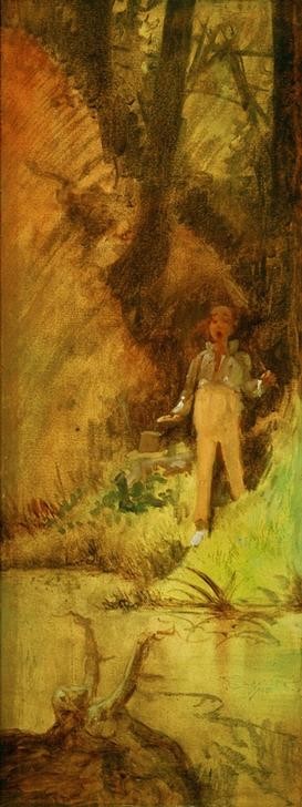 Carl Spitzweg, Junger Mann, von Nixe überrascht (Deutsche Kunst,Frau,Gewässer,Kunst,Landschaft,Mann,Mensch,Mythologie,Wald,Nymphe,Biedermeier,Nixe,Genre,Überraschung,Volksglaube,Erstaunen,Verblüffung,Gefühl (Stimmung),Unerwartetes Ereignis,Schreck,Neutrale Stimmungen Und Gefühle,Negative Stimmungen Und)