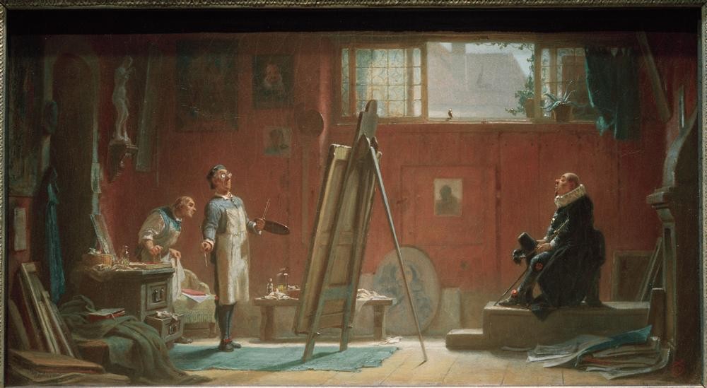 Carl Spitzweg, Der Porträtmaler (Atelier,Beruf,Brille,Deutsche Kunst,Fenster,Portraitist,Karikatur,Künstler Und Modell,Künstler,Kunst,Maler (Künstler),Mann,Mensch,Modell,Staffelei,Biedermeier,Künstler Bei Der Arbeit,Unordnung,Interieur,Agave,Topfpflanze,Genre,Schürze,Eitelkeit,Papier,Pos)