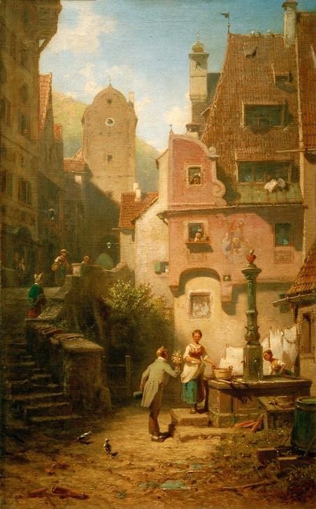 Carl Spitzweg, Gratulant überreicht Blumenbouquet (Der ewige Hochzeiter) (Architektur,Deutsche Kunst,Frau,Haus,Herrenmode,Junggeselle,Kunst,Liebe,Liebe Und Ehe,Liebespaar,Mann,Mensch,Mode,Stände,Strassenszene,Szene,Wohnhaus (Allgemein),Brunnen,Treppe,Platz,Fassade,Biedermeier,Kleinstadt,Neugier,Blumenstrauss,Heiratsantrag,Liebe)