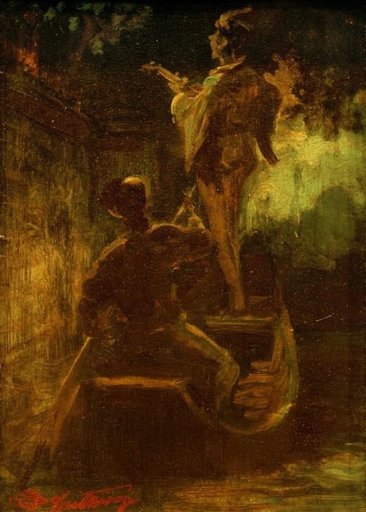 Carl Spitzweg, Ein Ständchen vom Boot aus (Boot,Deutsche Kunst,Gesang,Gewässer,Gitarre,Konzert,Kunst,Mann,Musik,Ständchen,Tageszeiten,Nacht,Instrument,Biedermeier,Genre,Musikant,Schifffahrt,Junger Mann)