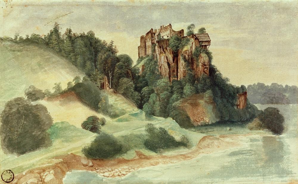 Albrecht Dürer, Ansicht eines Felsenschlosses an einem Fluss (Schloss Segon (Architektur,Deutsche Kunst,Geographie,Kunst,Landschaft,Schloss,Renaissance,Fluss,Felsen,Ansicht,Monogramm,Topographie)