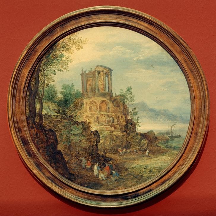 Jan Brueghel der Ältere, Südliche Küstenlandschaft mit dem Rundtempel von Tivoli (Architektur,Geographie,Küste,Kunst,Landschaft,Mensch,Ruine,Tempel,Meer,Renaissance,Tondo,Architekturdarstellung,Niederländische Kunst,Ideale Landschaft,Topographie)