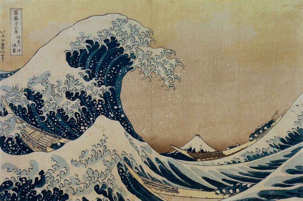 Katsushika Hokusai, Große Woge vor der Küste bei Kanagawa (Asiatische Kunst, Japan, Klassiker, Holzschnitt, farbiger Holzschnitt, Wasser, Meer, Welle, Tsunamie, Boote, Berg, Fuji, Badezimmer, Schlafzimmer, blau / weíß)