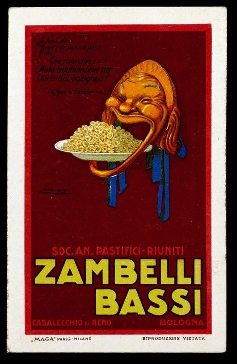 Achille Mauzan, ZAMBELLI BASSI (Plakat, Werbung, Nudeln, Teller, maske, Humor, witzig,  italienische Küche, Nostalgie, Küche, Restaurant, Gastronomie, Wunschgröße)