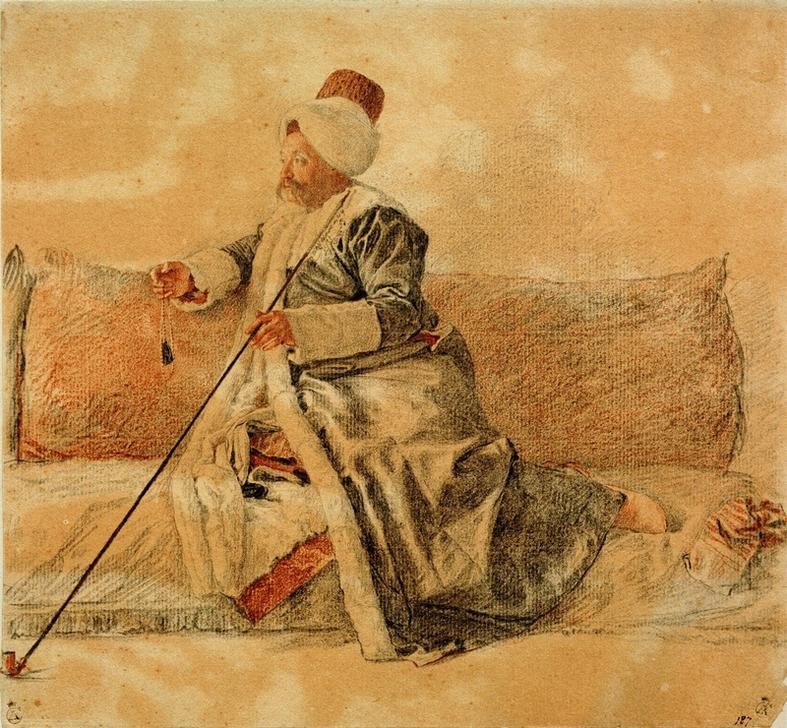 Jean-Étienne Liotard, Mr. Levett im türkischen Kostüm auf einem Divan (Herrenmode,Kopfbedeckung,Kunst,Mann,Mode,Möbel,Tabak,Tracht,Völkerkunde,Volkskunde,Bart,Pfeife (Tabak),Rauchen,Schnurrbart,Turban,Orientalismus,Portrait,Französische Kunst,Schweizerische Kunst,Exotik,Kleidung (Allgemein),Engländer Im Ausland,Sitzen,Ganzfi)