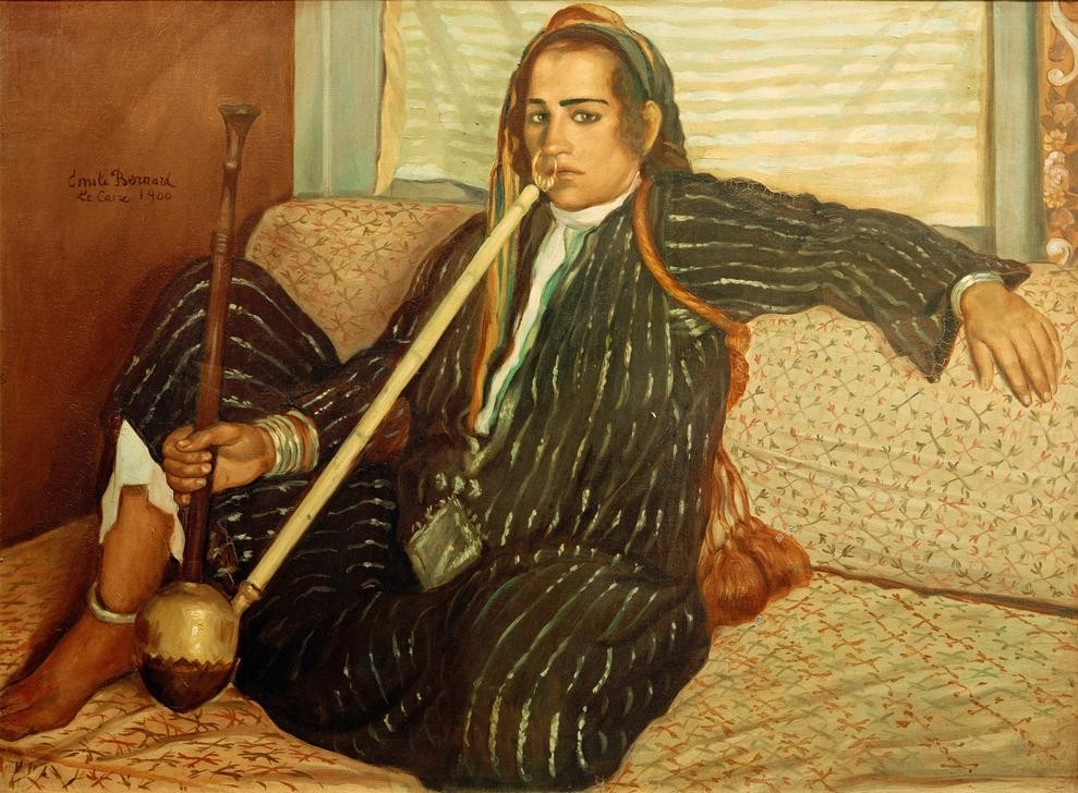 Emile Bernard, Haschischraucherin (Drogen,Frau,Kopfbedeckung,Kunst,Mensch,Schmuck,Tracht,Völkerkunde,Pfeife (Tabak),Rauchen,Orientalismus,Prostituierte,Portrait,Rauschgift,Französische Kunst,Barfuss,Exotik,Kleidung (Allgemein),Wasserpfeife,Nasenring,Frauenleben,Frau Im Islam,Sitzen,Jahrhun)