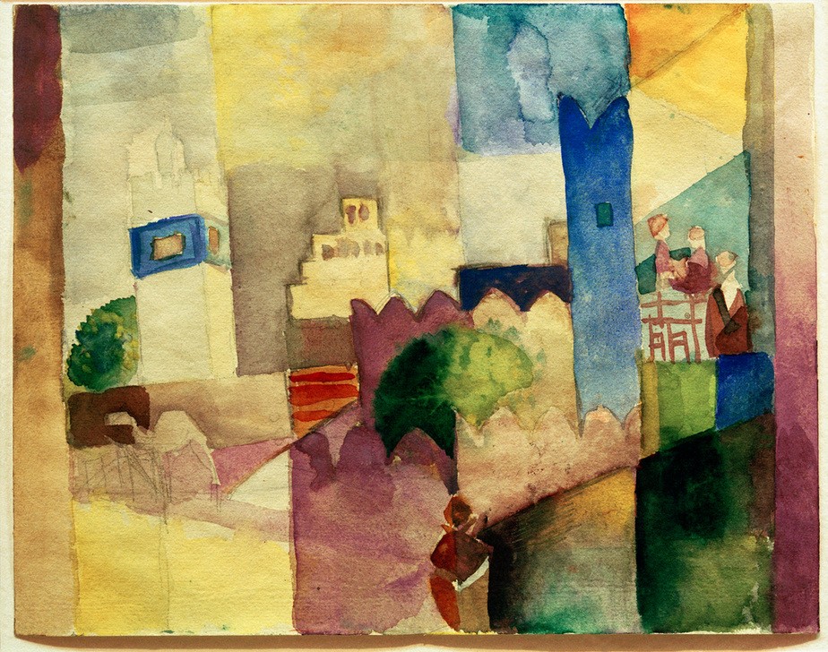 August Macke, Kairouan III (Architektur, Städte, Minarett, Ansicht,Die Tunisreise, Orientalisch,  Wohnzimmer, Treppenhaus, Expressionismus,  Klassische Moderne, Malerei, Wunschgröße, bunt)