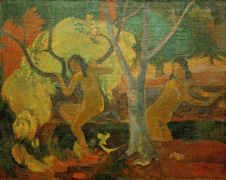 Paul Gauguin, Badende auf Tahiti (Bad Im Freien,Bad,Frau,Kunst,Landschaft,Völkerkunde,Naturvölker,Akt,Französische Kunst,Im Freien (Allgemein),Frauenleben,Jahrhundertwende,Junge Frau,Ureinwohnerin,Naturverbundenheit,Synthetismus,Land Und Leute)