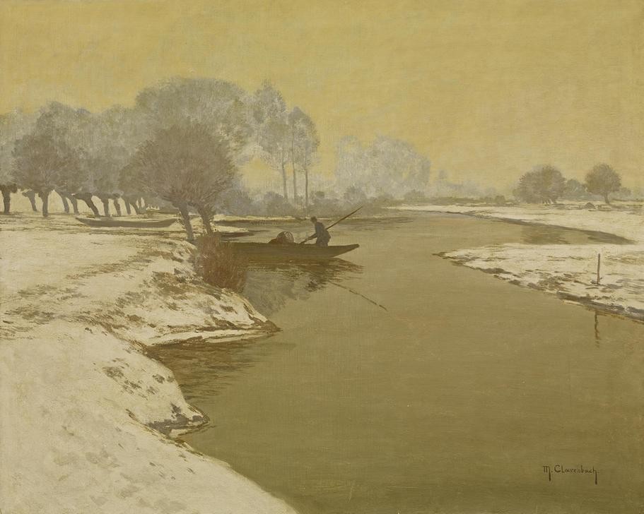 Max Clarenbach, Flusslandschaft im Winter (BOOT, DEUTSCHE KUNST, FISCHEREI, GEWÄSSER, JAHRESZEITEN, KAHN, LANDSCHAFT, WINTER, FISCHERBOOT, SCHNEE, FLUSS, BAUM, UFER, DÄMMERUNG, SIGNATUR)
