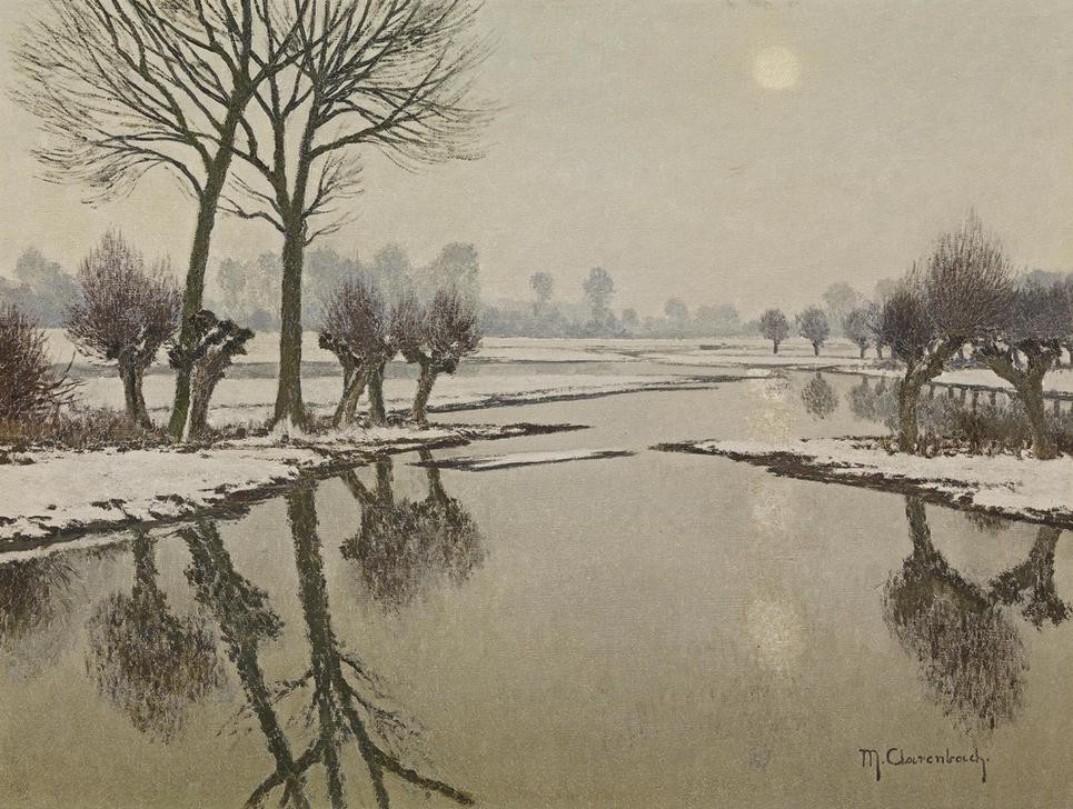 Max Clarenbach, Wintersonne am Niederrhein (DEUTSCHE KUNST, GEWÄSSER, JAHRESZEITEN, LANDSCHAFT, WASSER, WINTER, SONNE, SCHNEE, FLUSS, SPIEGELUNG, BAUM, UFER, SIGNATUR)