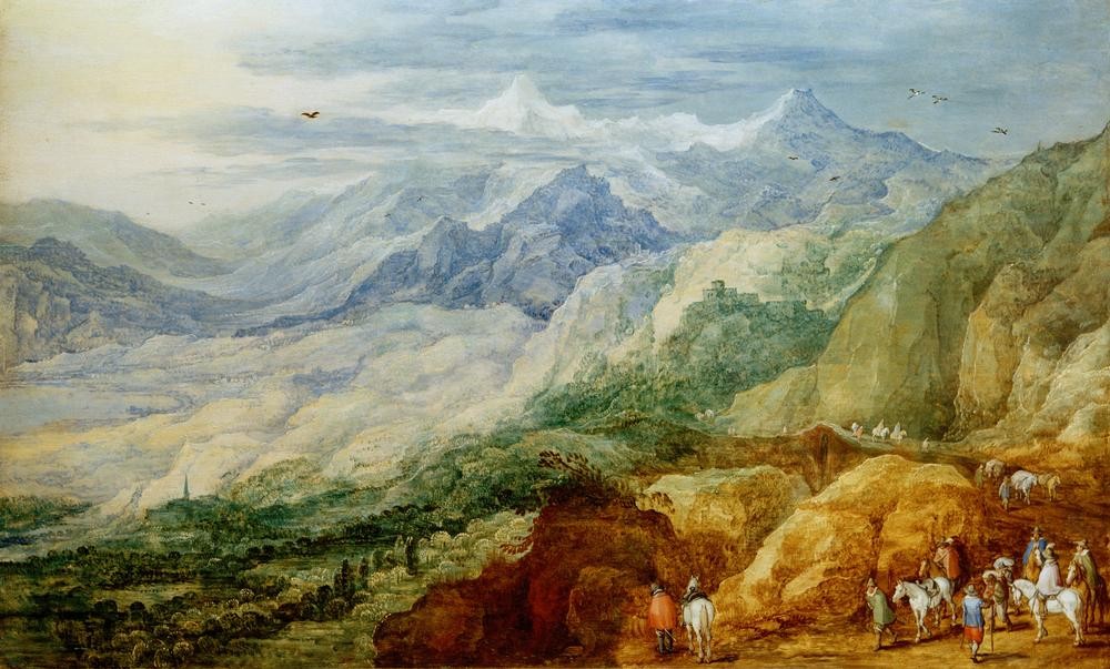 Jan Brueghel der Ältere, Hochgebirgslandschaft (Reisender,Gebirge,Kunst,Landschaft,Reiter,Barock,Reise,Manierismus,Niederländische Kunst,Panorama,Reisegruppe,Reisende,Gemeinschaftsbild,Aussicht)